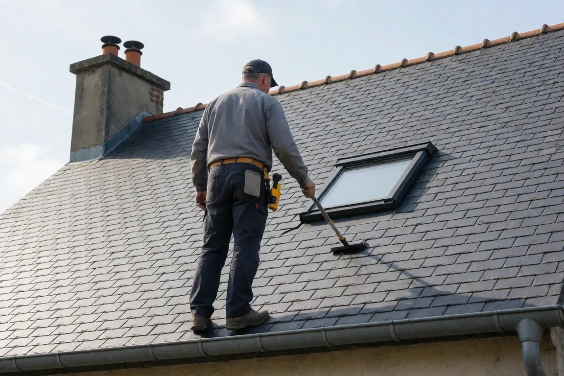 Artisan observant une toiture en ardoise